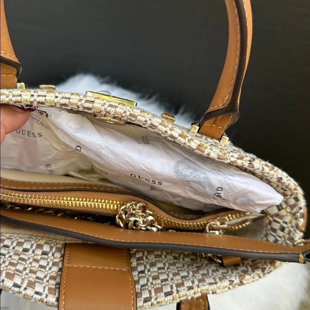 New Guess Brown and Cream Woven Satchel